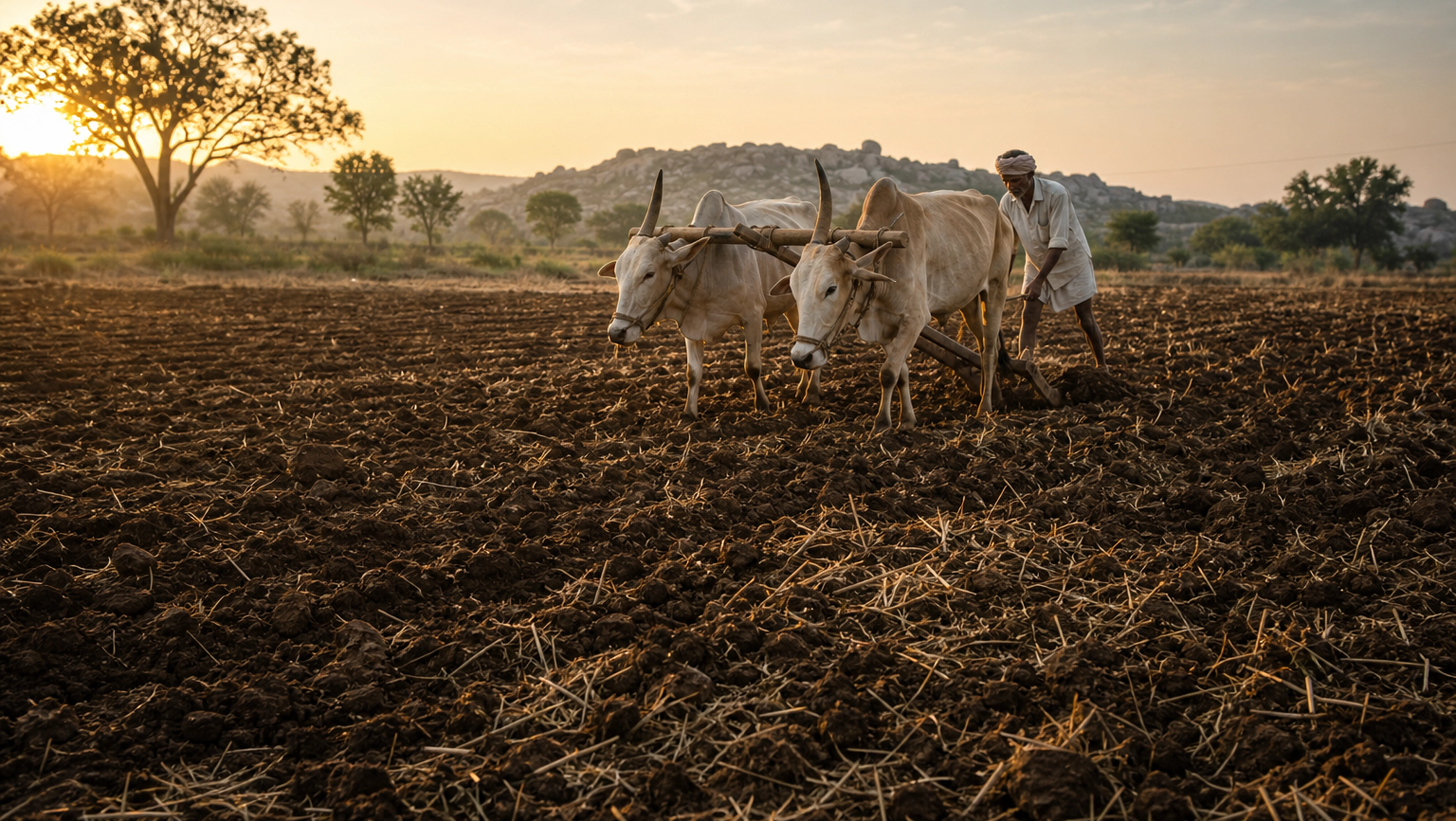 Farmer plowing soil with two white oxen